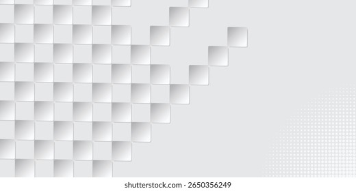 A modern abstract background featuring a gradient of light gray to white, adorned with a geometric pattern of raised squares on the left and a subtle halftone dot gradient on the right.

