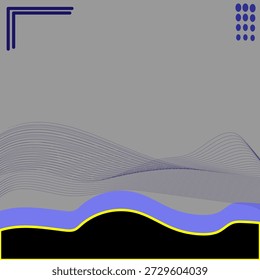 Un fondo abstracto moderno con un fondo gris decorado con delgadas líneas de contorno onduladas azules, una onda fluida púrpura vibrante y una silueta negra audaz en la parte inferior resaltada por un trazo amarillo. Esta versátil Plantilla es perfecta para publicaciones en redes sociales, presentaciones corporativas y Anuncios digitales creativos