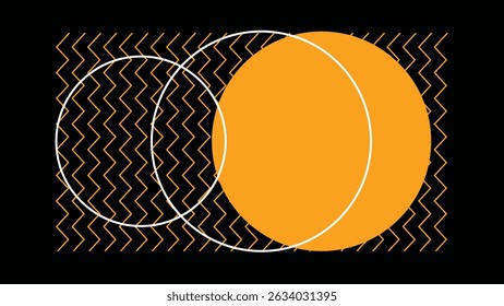 Modern abstract background featuring large overlapping orange circles with zigzag lines on black. Perfect for creative digital projects, web, or branding.