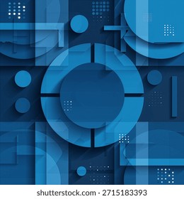 Un fondo abstracto moderno con Formas geométricas azules en capas, formas circulares y Elementos de UI punteados en un estilo de diseño plano y limpio.