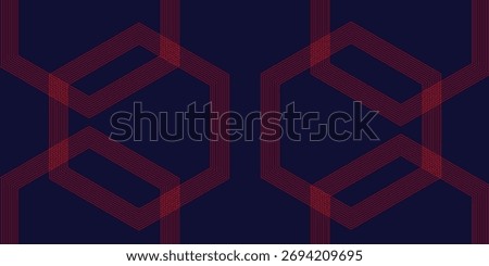 Modern abstract background featuring multiple red hexagon outlines overlapping on a dark blue background. Perfect for technology, futuristic design