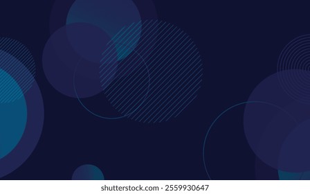 Modern abstract background featuring overlapping circular shapes with line patterns and gradients on a dark blue backdrop. Ideal for technology, design, or futuristic themes