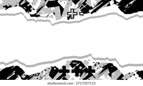Modern abstract background featuring a realistic torn paper effect. Monochrome urban grunge style with geometric shapes, plus symbols, and brush strokes. Perfect for streetwear designs, posters, banners, and social media content.