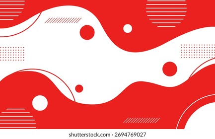 Un fondo abstracto moderno con Formas onduladas rojas, círculos blancos, líneas y patrones punteados sobre un fondo blanco y rojo.