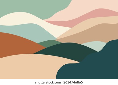 Modern abstract background featuring soft and flowing curves of mountain landscapes. Designed with a calming, earth-tone palette perfect for eco branding and wellness themes.