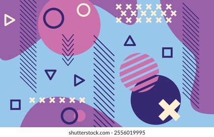Modern abstract background featuring various geometric shapes like circles, triangles, and squares, combined with dynamic lines and crosses, creating a vibrant and playful composition