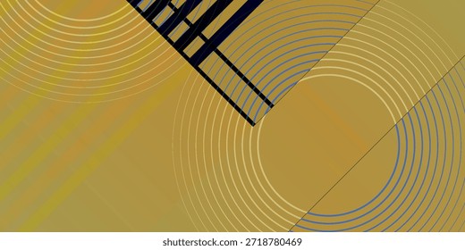 A modern abstract background featuring a warm golden gradient, intricate concentric circles in yellow and blue, and sharp diagonal lines, creating a dynamic geometric composition with a dark patterned corner.