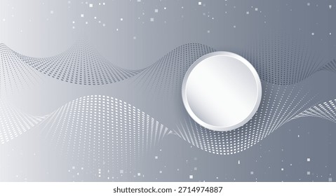 Un fondo abstracto moderno con ondas punteadas que fluyen y un marco circular limpio en un gradiente gris suave, que simboliza el flujo de datos, la tecnología y el diseño digital minimalista.