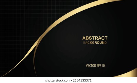 Modern abstract background with flowing gold curves against a dark black backdrop with a subtle grid.
