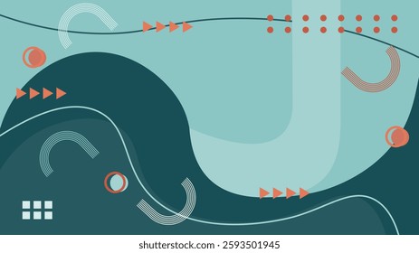 Modern abstract background with fluid shapes, geometric patterns, and arrow elements in teal, dark green, and orange tones. Ideal for creative designs, web templates, and branding visuals.