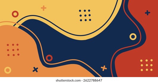 Fundo abstrato moderno com formas fluidas e cores vibrantes em azul-marinho, laranja e amarelo