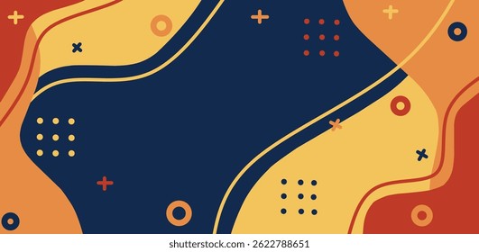 Modern abstract background with fluid shapes and vibrant colors in navy blue, orange, and yellow