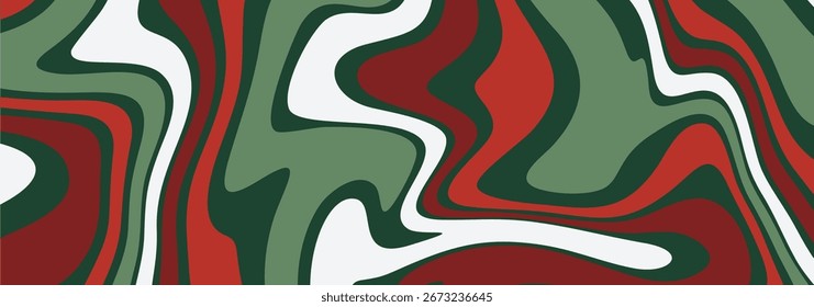 A modern, abstract background with a fluid, wavy design in festive red, green, and white.