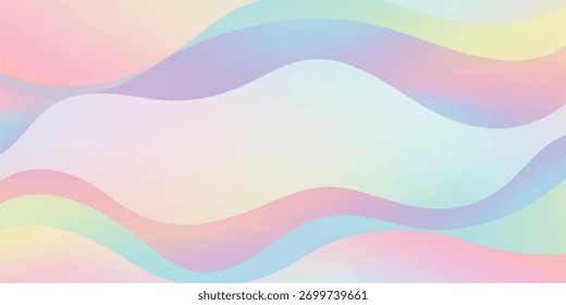 Un fondo abstracto moderno con Formas fluidas y onduladas en una paleta de colores pastel suave. Las suaves curvas y los colores degradados crean un efecto holográfico de ensueño e iridiscente.