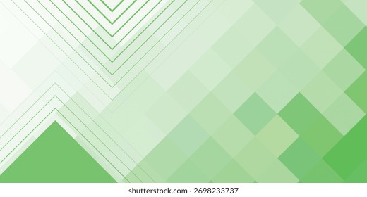 Um fundo abstrato moderno com um design geométrico em tons de verde. A composição apresenta uma divisão diagonal entre um mosaico pixelado e linhas angulares finas e aninhadas.