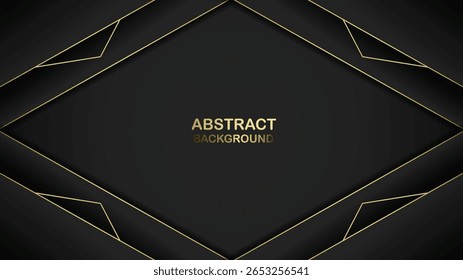 Modern abstract background with a geometric gold frame and subtle shadows on a dark black surface.