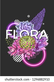 Modern abstract background. Geometric poster decorated with flowers, neon circles, gradient shapes.