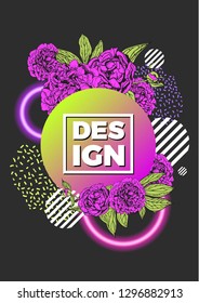 Modern abstract background. Geometric poster decorated with flowers, neon circles, gradient shapes.