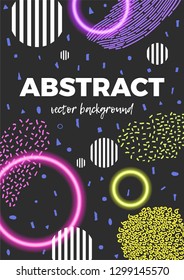 Modern abstract background. Geometric poster decorated with different stripes, neon and striped circles.