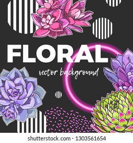 Modern abstract background. Geometric poster decorated with flowers, neon circles, gradient shapes.