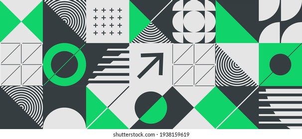 Modern abstract  background with geometric shapes and halftone textures. Minimalistic geometric pattern in Scandinavian style. Trendy vector graphic elements for your unique design.