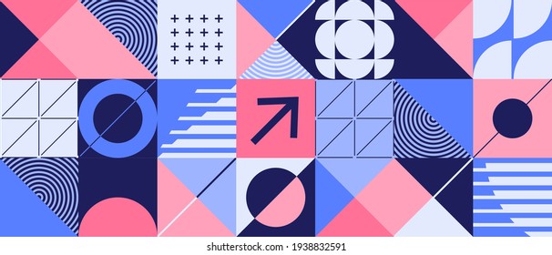 Modern abstract  background with geometric shapes and halftone textures. Minimalistic geometric pattern in Scandinavian style. Trendy vector graphic elements for your unique design.