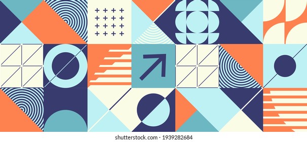 Modern abstract  background with geometric shapes and halftone textures. Minimalistic geometric pattern in Scandinavian style. Trendy vector graphic elements for your unique design.