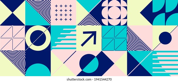 Modern abstract  background with geometric shapes and halftone textures. Minimalistic geometric pattern in Scandinavian style. Trendy vector graphic elements for your unique design.