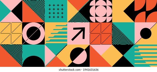 Modern abstract  background with geometric shapes and halftone textures. Minimalistic geometric pattern in Scandinavian style. Trendy vector graphic elements for your unique design.