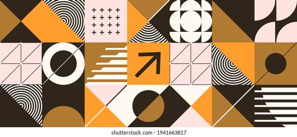 Modern abstract  background with geometric shapes and halftone textures. Minimalistic geometric pattern in Scandinavian style. Trendy vector graphic elements for your unique design.