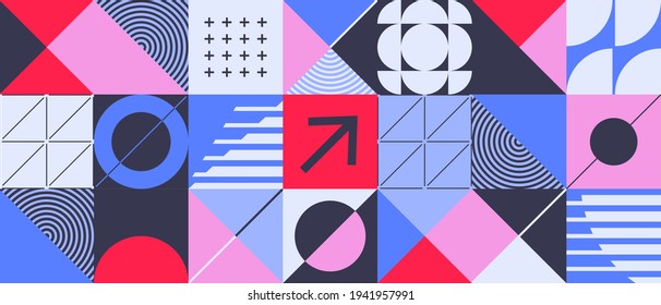Modern abstract  background with geometric shapes and halftone textures. Minimalistic geometric pattern in Scandinavian style. Trendy vector graphic elements for your unique design.