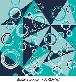 Modern abstract background with geometric shapes. Triangle, concentric circles in trendy green, dark blue and turquoise.