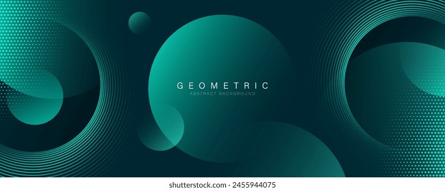 Modern abstract background with glowing geometric lines and halftone decoration. Green gradient circle shape graphic elements. Futuristic technology concept. Vector illustration