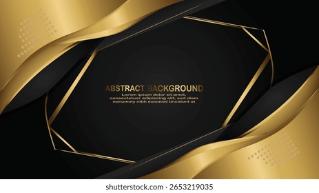 Modern abstract background with a gold geometric frame and flowing gold accents on a dark black surface.