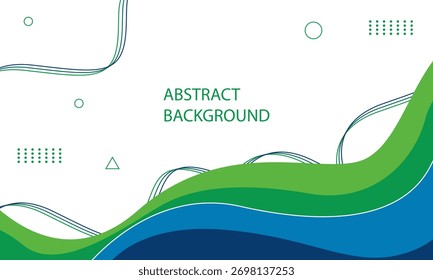 Modern abstract background with green and blue wavy shapes and geometric elements for presentations and graphic design projects.