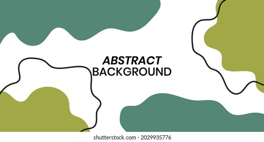 Modern abstract background with green and olive organic shapes, wavy black lines, and white space in a minimalist Memphis-inspired layout