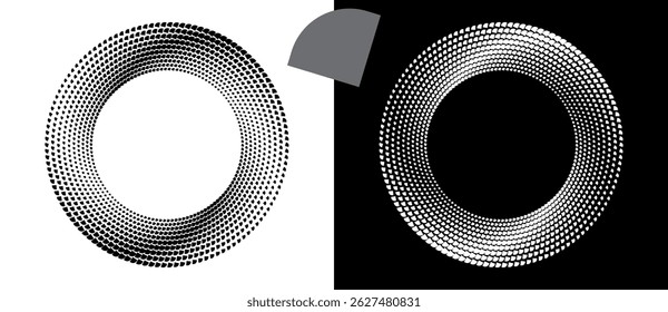Modern abstract background with halftone circle sectors in circle form. Round logo. Black shape on a white background and the same white shape on the black side.