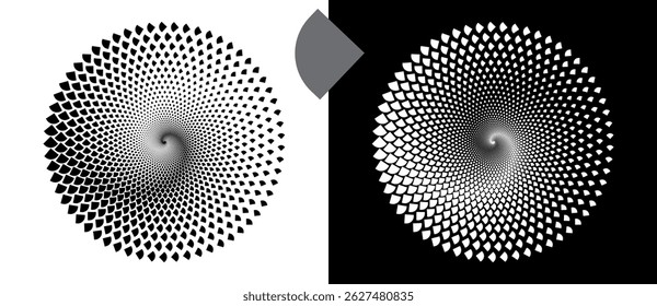 Modern abstract background with halftone circle sectors in circle form. Round logo. Black shape on a white background and the same white shape on the black side.