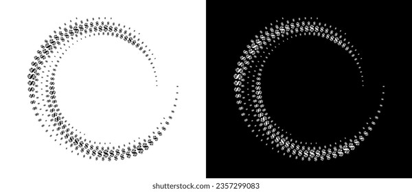 Modern abstract background. Halftone DOLLAR sign in circle form. Round logo. Design element or icon. Black shape on a white background and the same white shape on the black side.