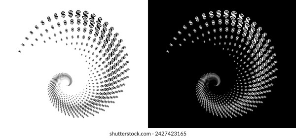 Moderner abstrakter Hintergrund. Halftone DOLLAR Zeichen in Spirale. Rundlogo. Designelement oder Symbol. Schwarze Form auf weißem Hintergrund und die gleiche weiße Form auf schwarzer Seite.