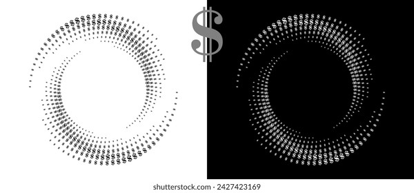 Modern abstract background. Halftone DOLLAR sign in spiral. Round logo. Design element or icon. Black shape on a white background and the same white shape on the black side.