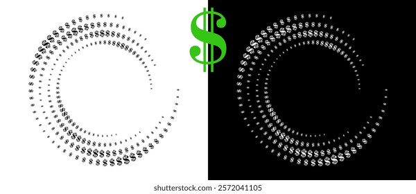 Modern abstract background. Halftone DOLLAR sign in spiral. Round logo. Design element or icon. Black shape on a white background and the same white shape on the black side.