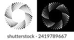 Modern abstract background. Halftone dots in circle form. Spiral logo, icon or design element. Black dots on a white background and white dots on the black side.