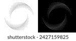 Modern abstract background. Halftone dots in circle form. Spiral logo, icon or design element. Black dots on a white background and white dots on the black side.