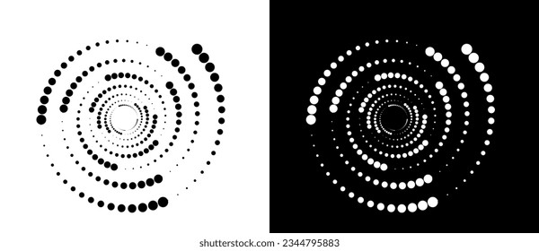 Modern abstract background. Halftone dots in circle form. Round logo. Black shape on a white background and the same white shape on the black side.