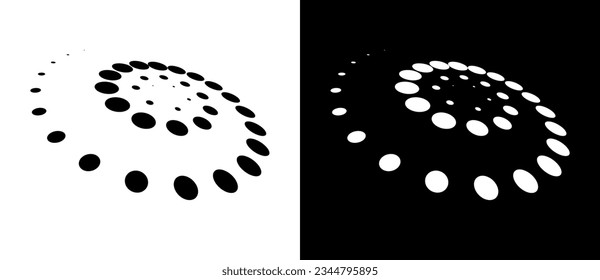 Modern abstract background. Halftone dots in circle form. Round logo. Black shape on a white background and the same white shape on the black side.