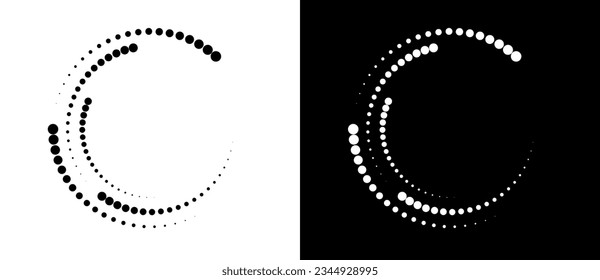 Modern abstract background. Halftone dots in circle form. Round logo. Black shape on a white background and the same white shape on the black side.