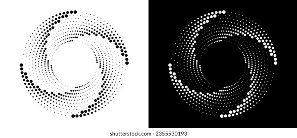 Modern abstract background. Halftone dots in circle form. Round logo. Vector dotted frame. Design element or icon. Black shape on a white background and the same white shape on the black side.