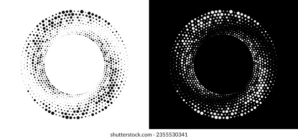 Modern abstract background. Halftone dots in circle form. Round logo. Vector dotted frame. Design element or icon. Black shape on a white background and the same white shape on the black side.