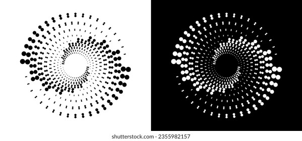 Modern abstract background. Halftone dots in circle form. Round logo. Vector dotted frame. Design element or icon. Black shape on a white background and the same white shape on the black side.